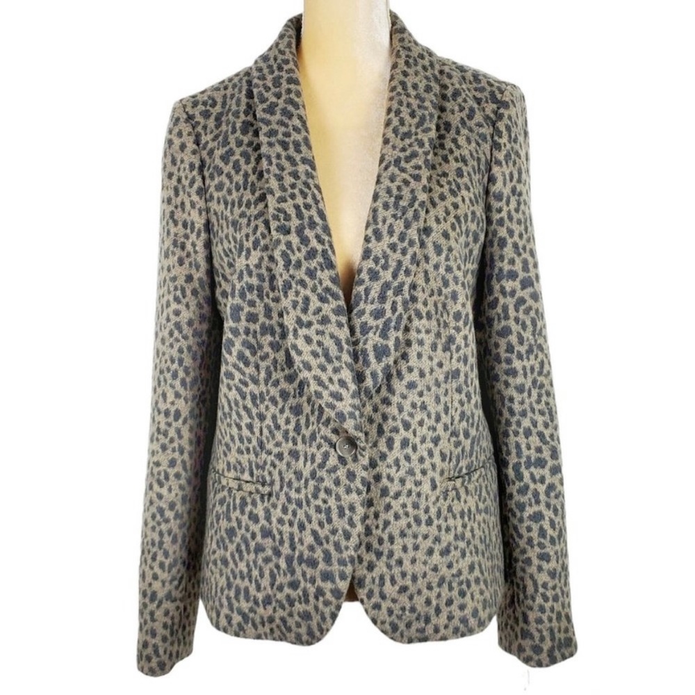 LOFT Gray Textured Wool Blend Animal Print Single Button Blazer Jacket